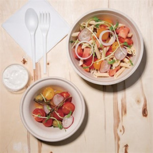 Ok, here is the translation:

Okrogli kompostabilni krožniki iz naravnega bagasa 312 ml - Paket 50 ekoloških krožnikov za zabavo
