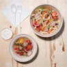 Ok, here is the translation:

Okrogli kompostabilni krožniki iz naravnega bagasa 312 ml - Paket 50 ekoloških krožnikov za zabavo