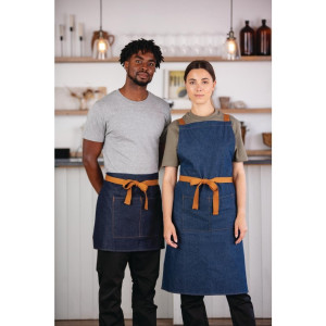 Predpasnik za natakarja iz modrega denim materiala z oker pasom iz bombaža 700 x 430 mm - Whites Chefs Clothing - Fourniresto