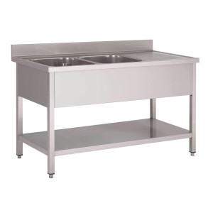 Potopni element iz nerjavečega jekla z nizko polico 2 korita na levi - Š 1600 x G 700 mm - Gastro M