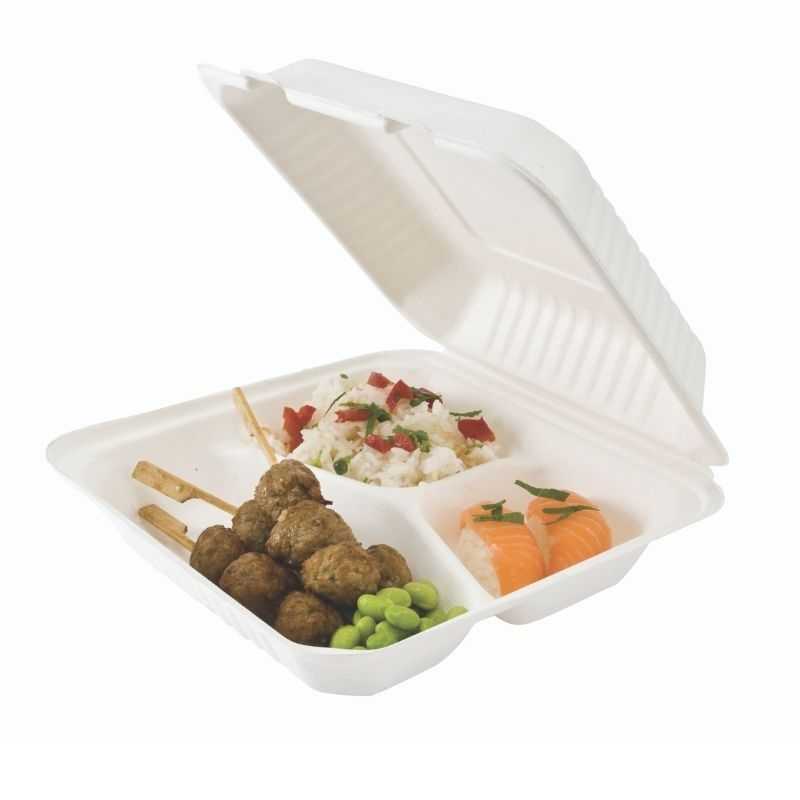 Škatla za kosilo iz bagasa s 3 predelki - paket 50 Škatla za kosilo iz bagasa s 3 predelki - paket 50